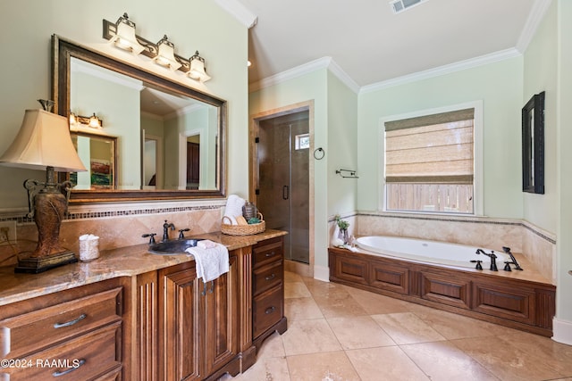 bathroom featuring crown molding, vanity, separate shower and tub, and tile patterned flooring