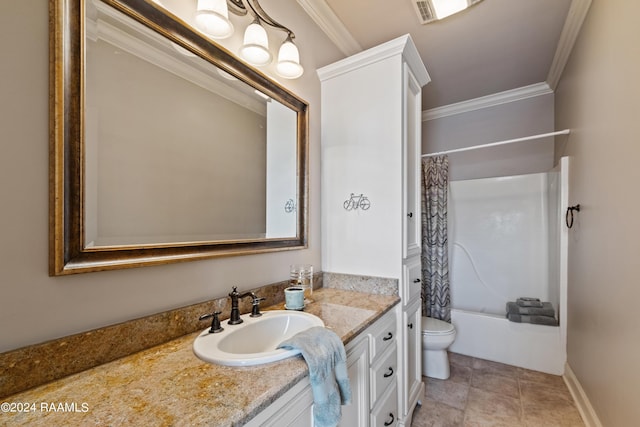 full bathroom with shower / bath combo, vanity, ornamental molding, tile patterned floors, and toilet