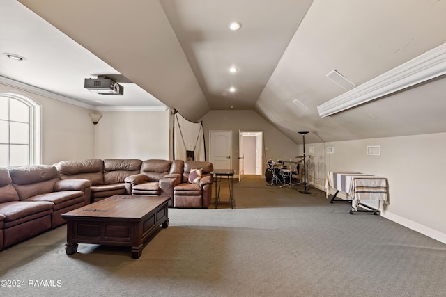 living room with ornamental molding, lofted ceiling, and carpet flooring