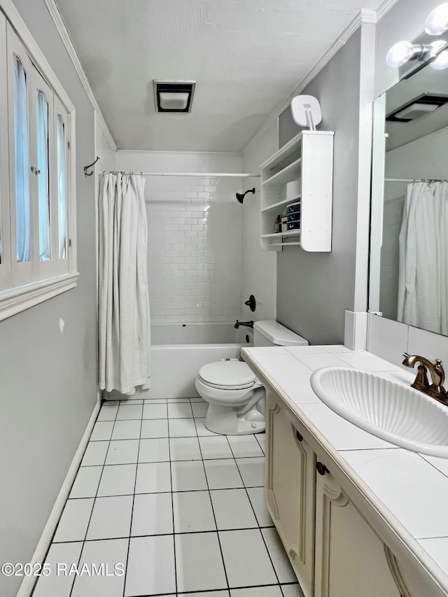 full bathroom with shower / tub combo, vanity, crown molding, and tile patterned floors