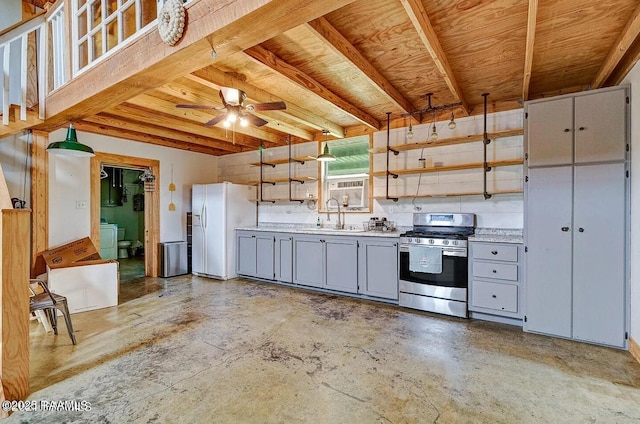 kitchen with sink, gray cabinetry, white fridge with ice dispenser, washer / clothes dryer, and stainless steel range with gas cooktop