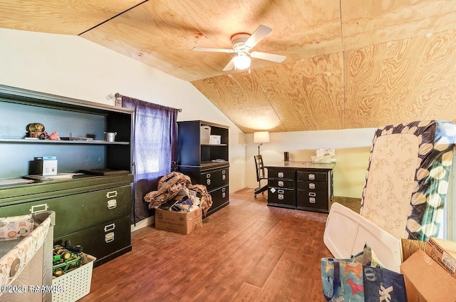 interior space with ceiling fan, lofted ceiling, wood-type flooring, and wooden ceiling