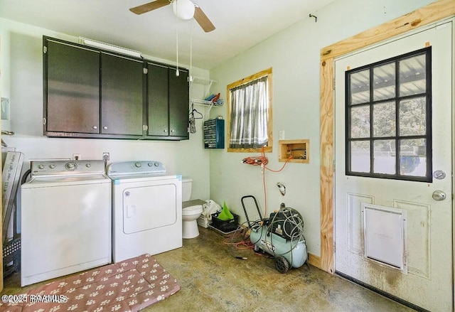 clothes washing area with ceiling fan, independent washer and dryer, and cabinets