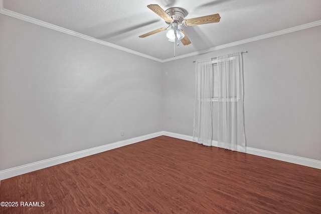 unfurnished room featuring ceiling fan, crown molding, wood-type flooring, and a textured ceiling