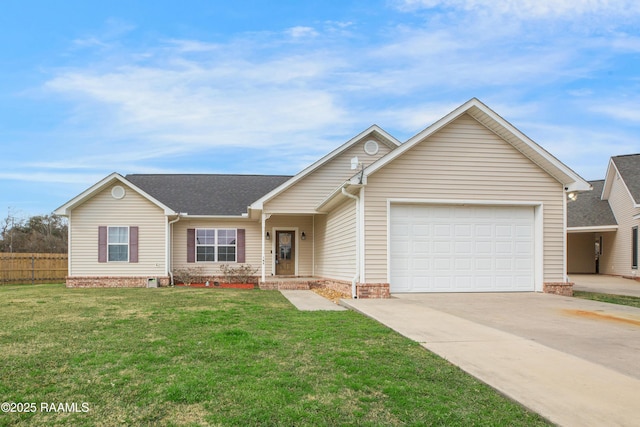 single story home featuring a garage and a front yard