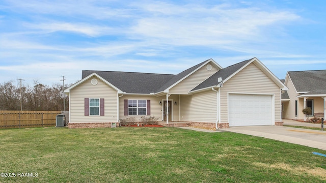 ranch-style house featuring a garage, a front yard, and central air condition unit