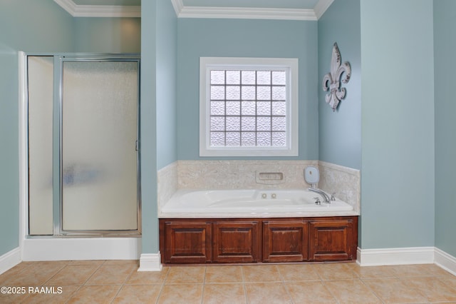 bathroom with crown molding, separate shower and tub, and tile patterned flooring