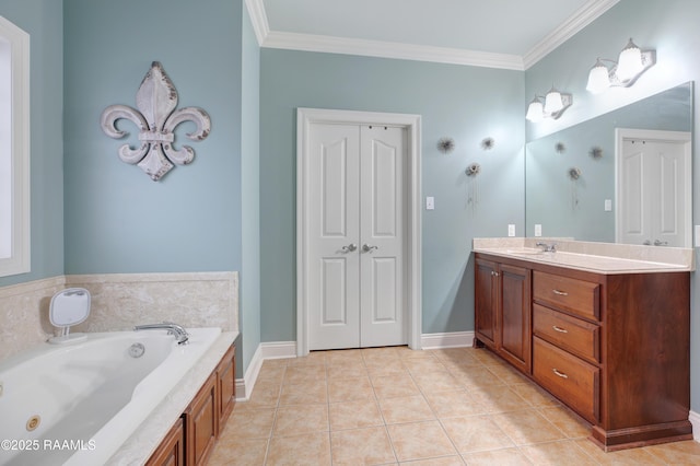 bathroom featuring tile patterned flooring, ornamental molding, a bath, and vanity