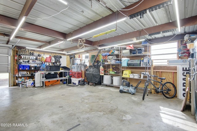 garage with a workshop area