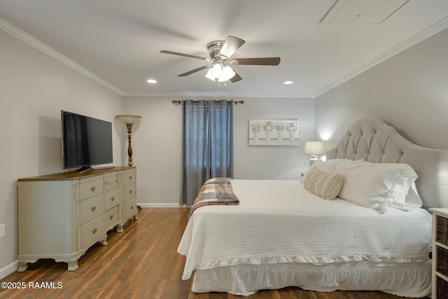 bedroom with dark wood-type flooring, ceiling fan, and crown molding