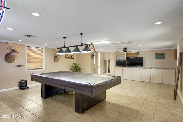 playroom with crown molding, pool table, and light tile patterned flooring