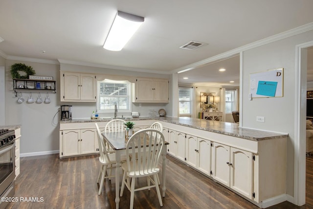 kitchen with sink, dark hardwood / wood-style floors, light stone counters, ornamental molding, and stainless steel range oven