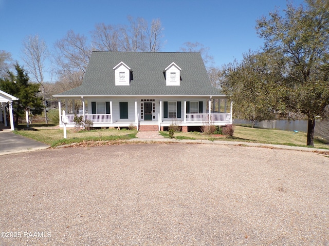 view of front of home featuring a front lawn, covered porch, and a shingled roof