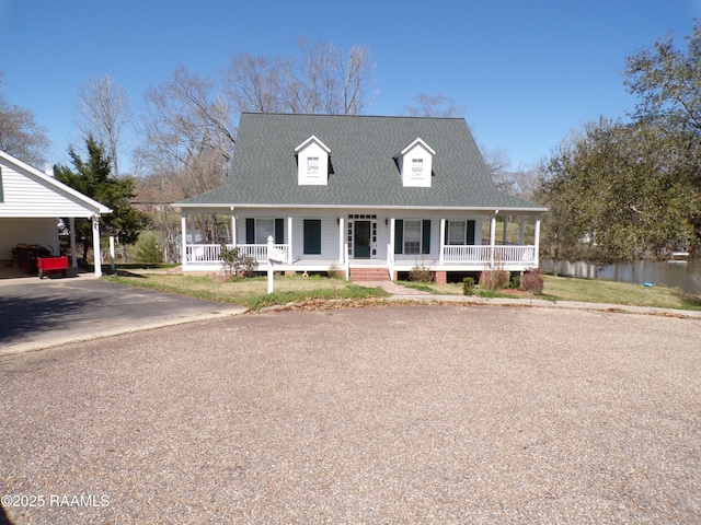 country-style home featuring a porch, a front yard, roof with shingles, a carport, and driveway