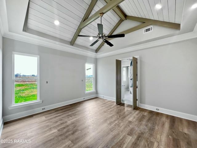 spare room featuring hardwood / wood-style floors, wood ceiling, vaulted ceiling with beams, and ceiling fan