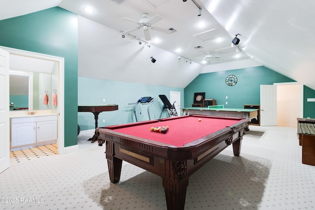 rec room featuring ceiling fan, billiards, lofted ceiling, and light colored carpet