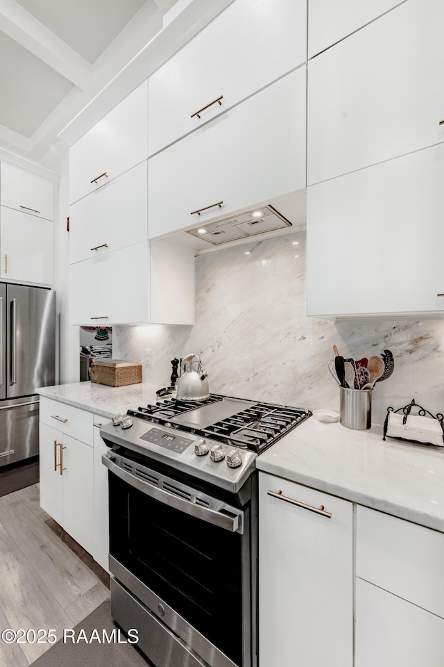 kitchen with white cabinetry, light hardwood / wood-style flooring, appliances with stainless steel finishes, light stone countertops, and backsplash