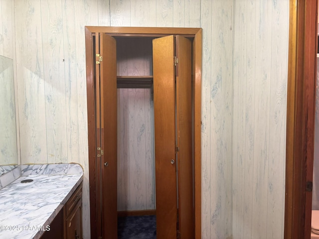 bathroom with vanity and wood walls