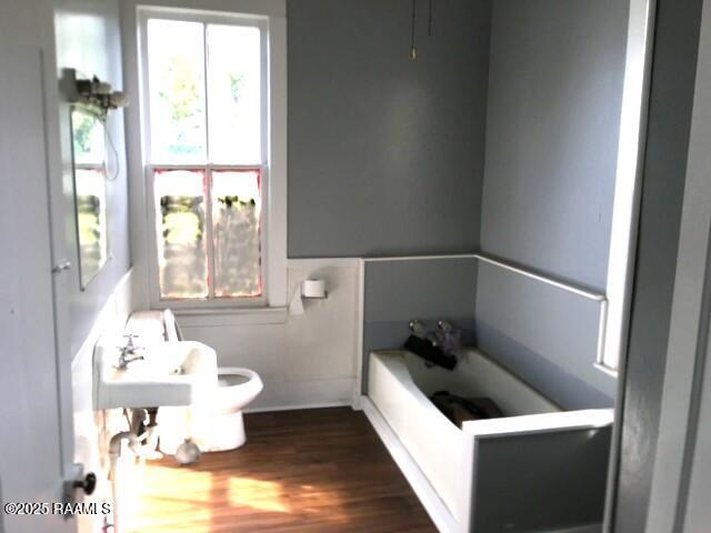 bathroom with hardwood / wood-style floors and toilet