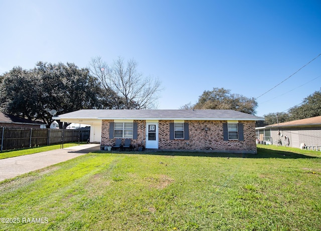 single story home with brick siding, driveway, a front lawn, and fence