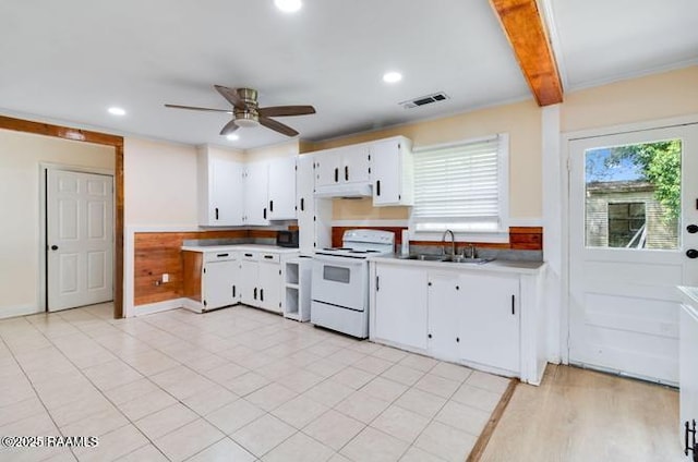 kitchen featuring white electric range oven, sink, white cabinetry, ceiling fan, and beam ceiling