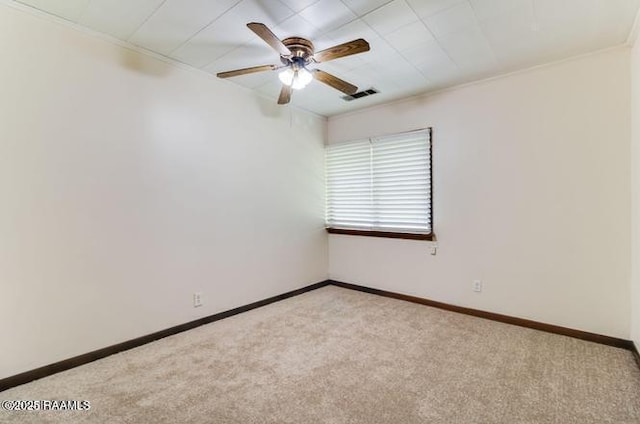 carpeted spare room with ceiling fan and ornamental molding