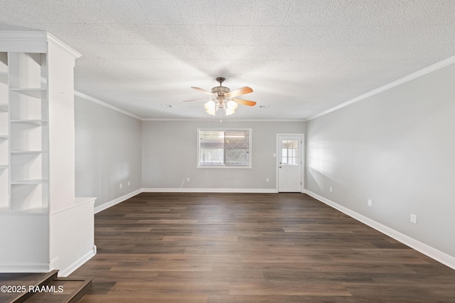 unfurnished room with ornamental molding, dark wood-type flooring, a textured ceiling, and ceiling fan