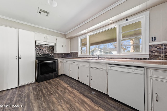 kitchen with sink, crown molding, white cabinetry, electric range oven, and white dishwasher