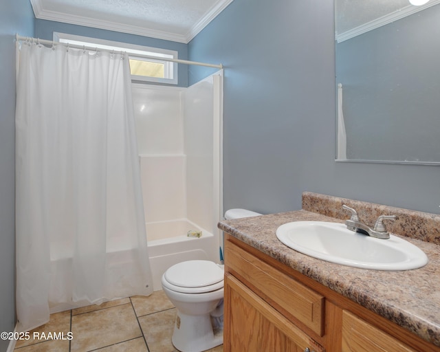 full bathroom with ornamental molding, vanity, toilet, shower / bathtub combination with curtain, and tile patterned floors