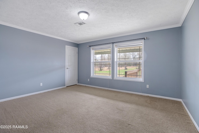 empty room featuring ornamental molding, carpet flooring, and a textured ceiling