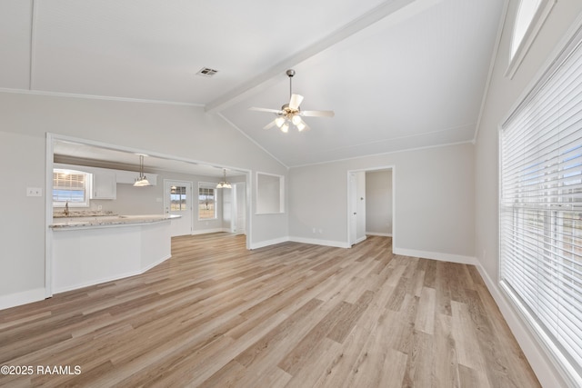 unfurnished living room with lofted ceiling with beams, ceiling fan, and light wood-type flooring