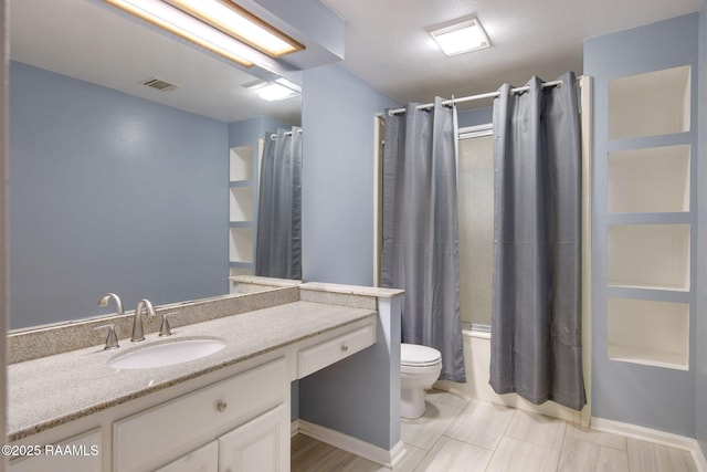 full bathroom featuring toilet, vanity, and shower / bathtub combination with curtain