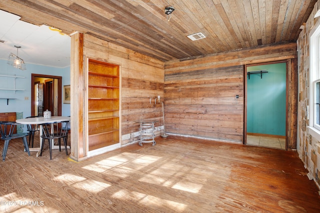 unfurnished room featuring wood-type flooring, wooden walls, and wooden ceiling