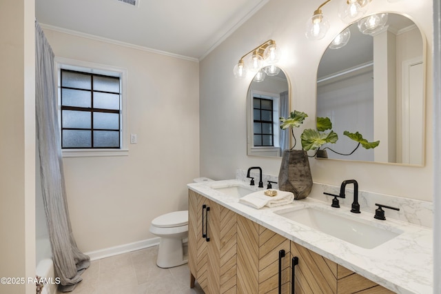 bathroom featuring crown molding, tile patterned floors, toilet, and vanity