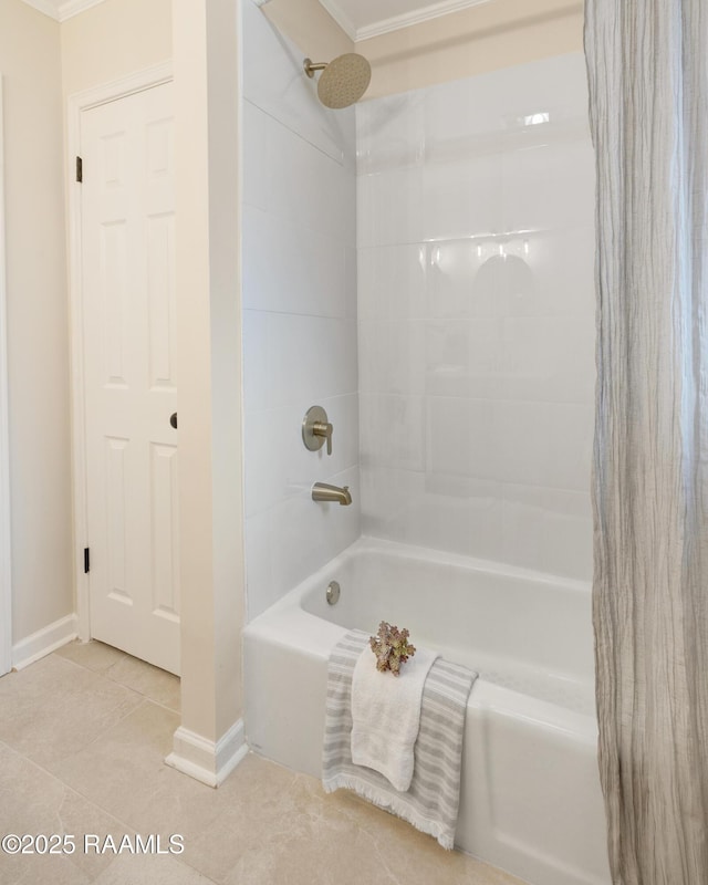 bathroom with tile patterned floors and shower / bathtub combination with curtain