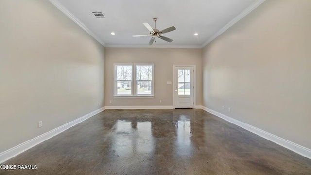 empty room featuring ornamental molding and ceiling fan