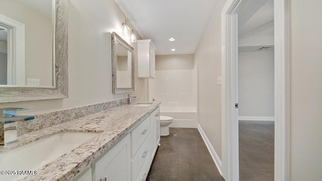 full bathroom featuring vanity, concrete flooring, toilet, and shower / bath combination