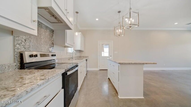 kitchen with white cabinetry, sink, stainless steel range with electric cooktop, and decorative light fixtures