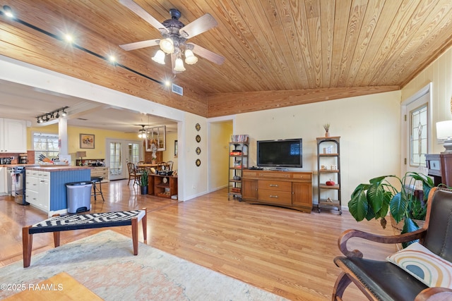 living room featuring wooden ceiling, visible vents, ceiling fan, light wood finished floors, and vaulted ceiling