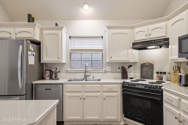 kitchen with stainless steel appliances, light countertops, a sink, and under cabinet range hood