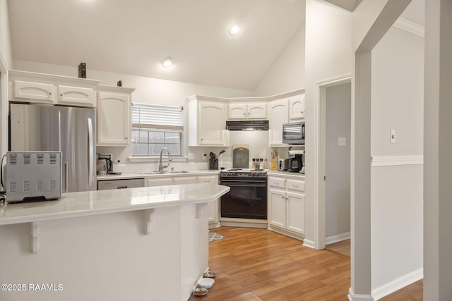 kitchen with under cabinet range hood, appliances with stainless steel finishes, white cabinets, and a sink