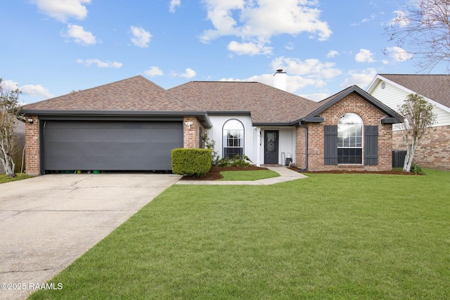 ranch-style house featuring a front yard, concrete driveway, brick siding, and a chimney