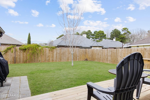 view of yard featuring a fenced backyard and a deck