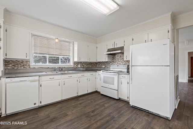 kitchen with sink, crown molding, white appliances, white cabinets, and dark hardwood / wood-style flooring