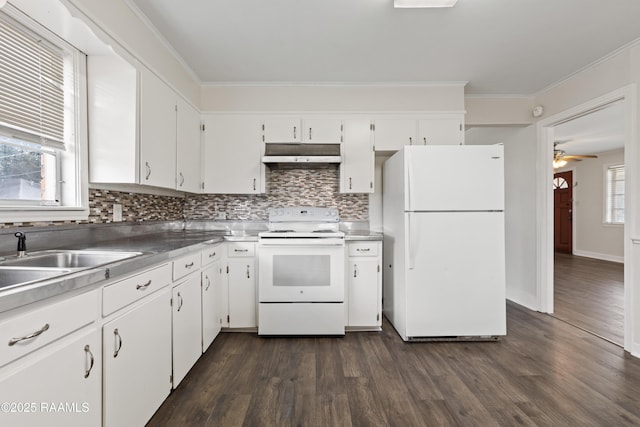 kitchen with ornamental molding, dark hardwood / wood-style flooring, white cabinets, and white appliances