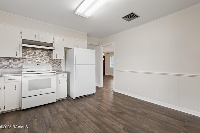 kitchen featuring white cabinetry, white appliances, and dark hardwood / wood-style floors