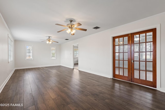 unfurnished room featuring ornamental molding, dark wood-type flooring, and ceiling fan