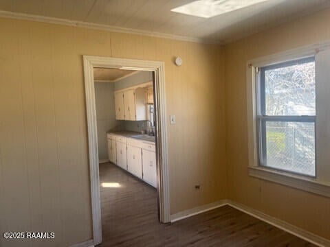 unfurnished dining area featuring crown molding, dark hardwood / wood-style flooring, and a skylight