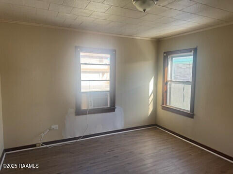 empty room featuring crown molding and dark hardwood / wood-style floors