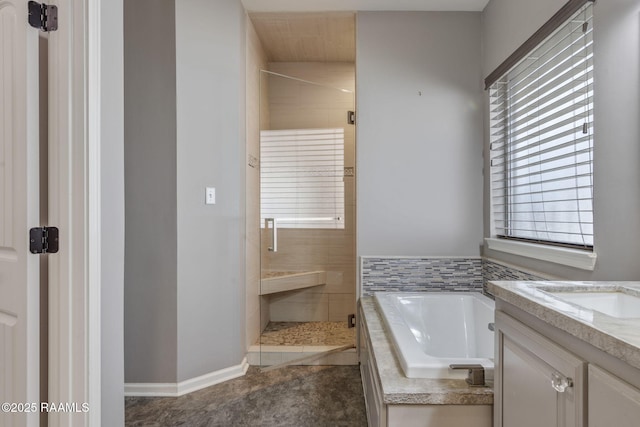 bathroom featuring independent shower and bath and vanity